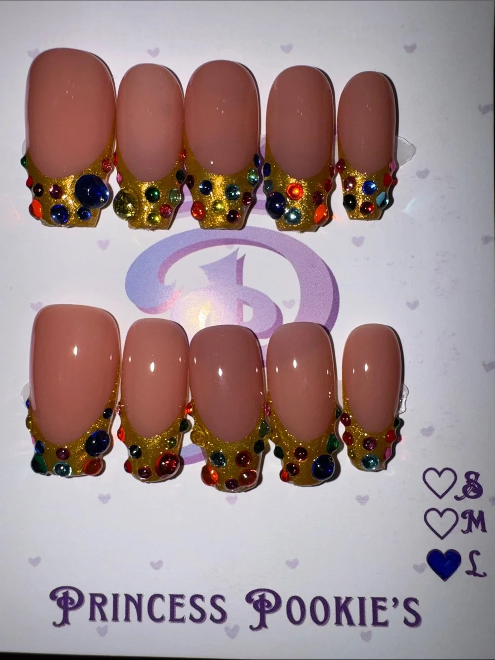 Nude Pink Press-On Nails with Gold French Tip and Multicolor Rhinestones